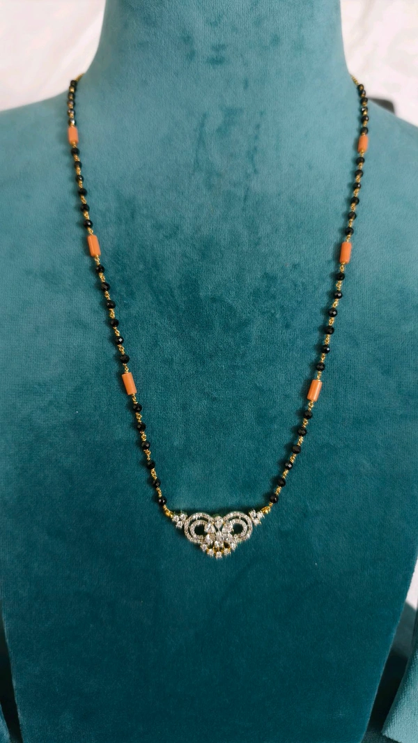 3mm Black Cz's And Corals With Diamond Copy Pendant  - White, 22 Inches