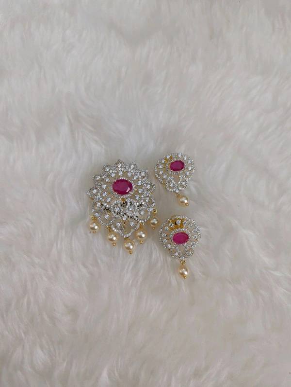 Diamond Replica Pendant And Eartops  - Vz, pink