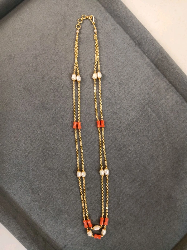 Real Corals And Water Pearls 2 Lines Chain 