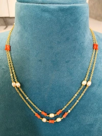 Real Corals And Water Pearls 2 Lines Chain 