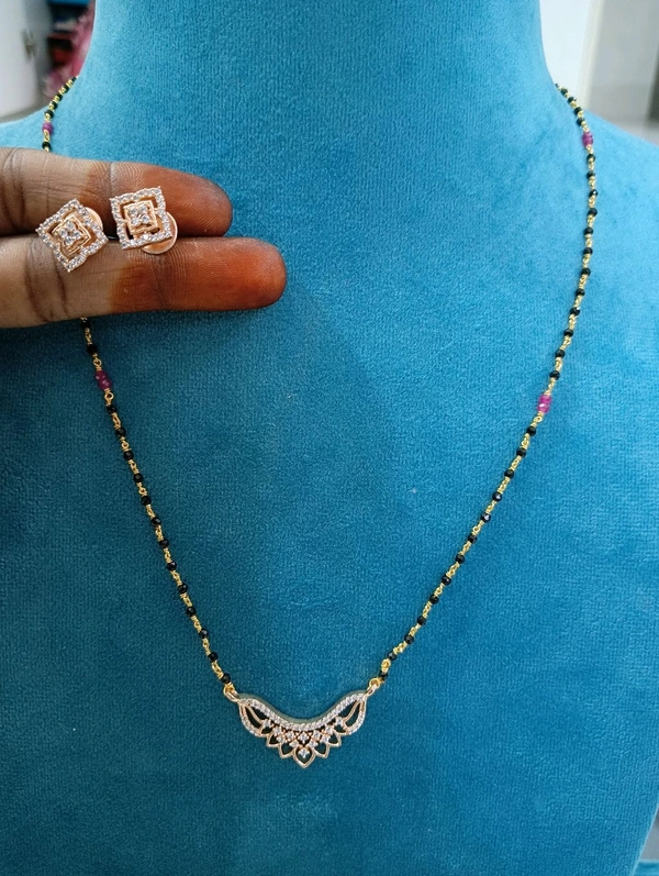 Black Beads With Diamond Replica Pendant And Studs