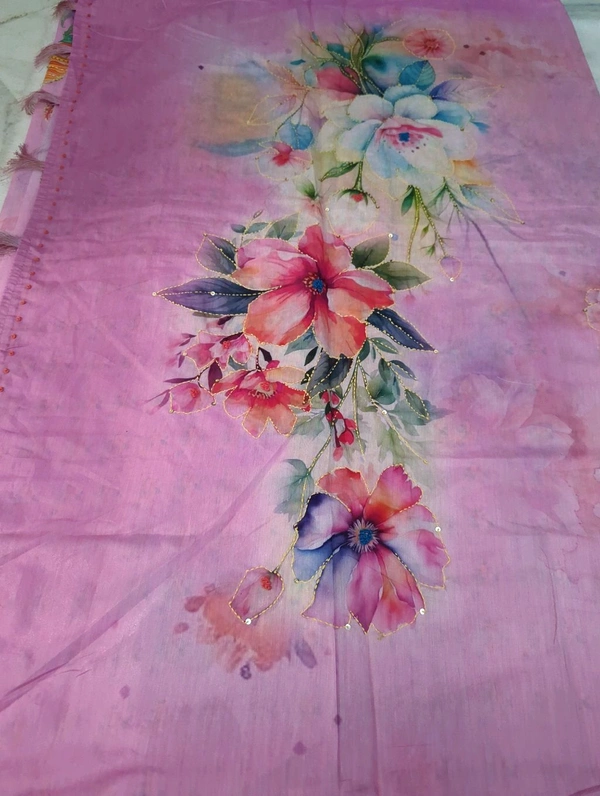 Mul Mul Chanderi Designer  - Pink Lace