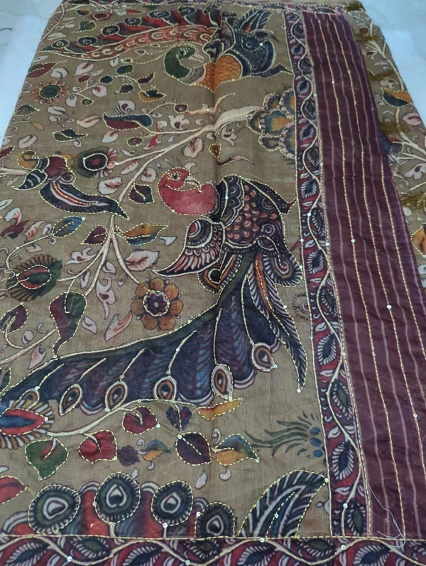 Soft Chanderi With Kantha Work  - Olive