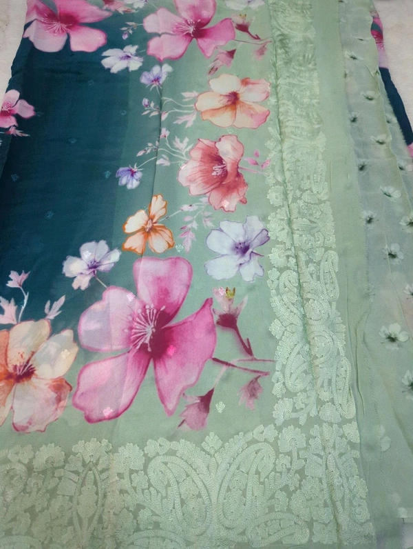 Pure Georgette Embroidery  - teal