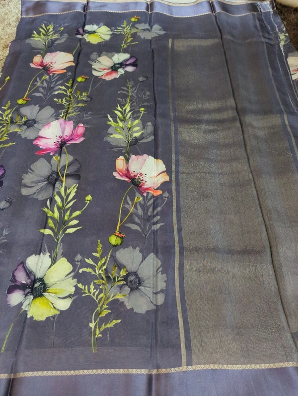 Pure Crepe With Satin Border  - Gray 9