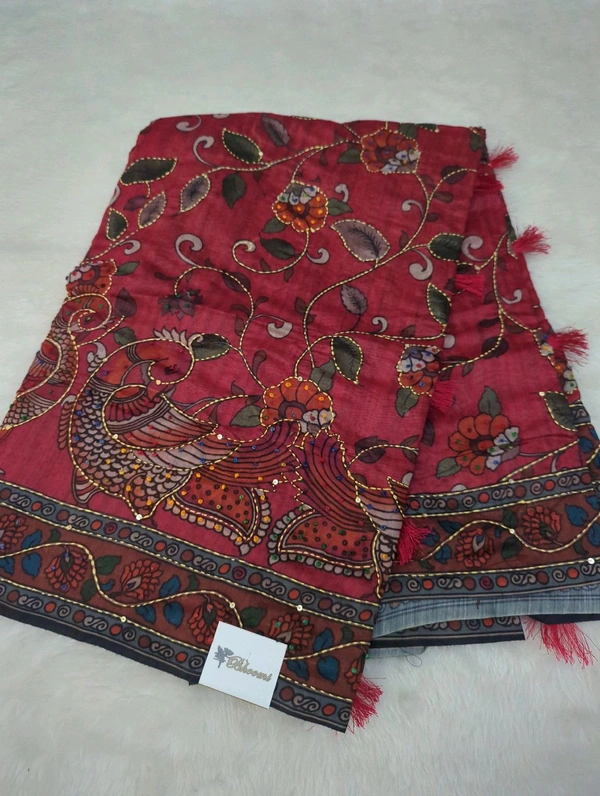 Soft Chanderi Kantha Work - Bright Red