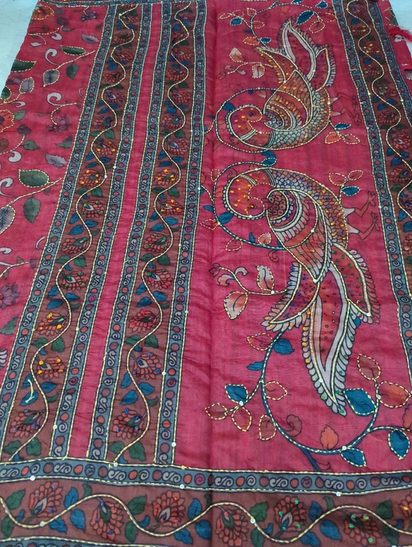 Soft Chanderi Kantha Work - Bright Red