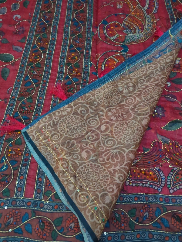 Soft Chanderi Kantha Work - Bright Red