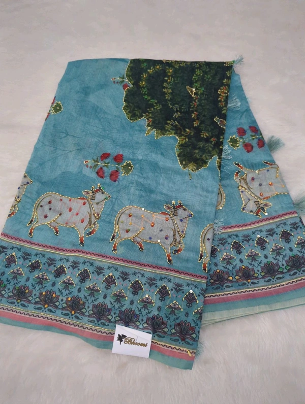 Soft Chanderi Kantha Work - sky blue