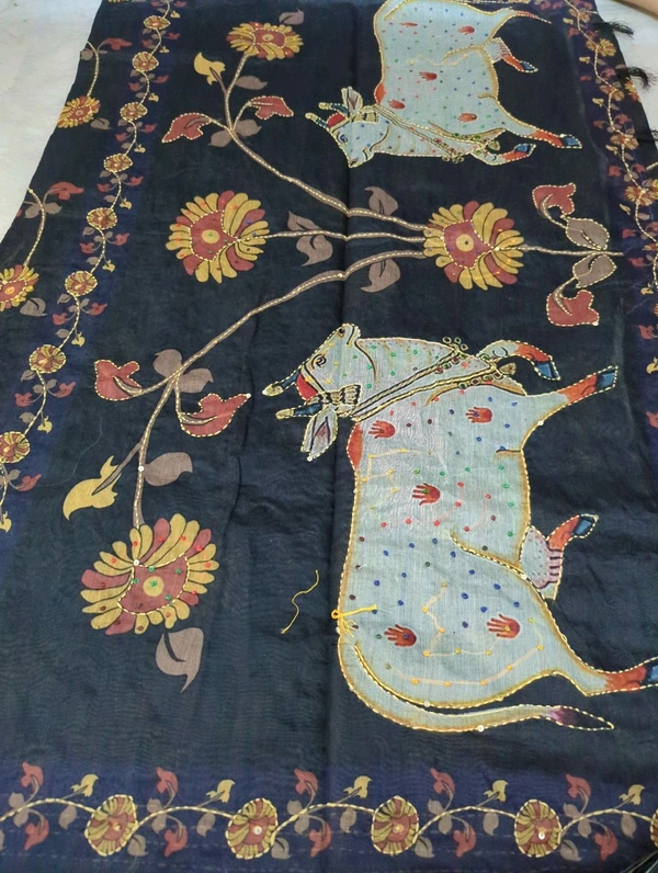 Soft Chanderi Kantha Work - Black