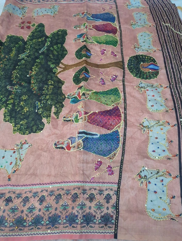 Soft Chanderi Kantha Work - Sundown