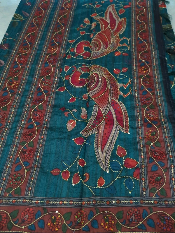 Soft Chanderi Kantha Work - teal