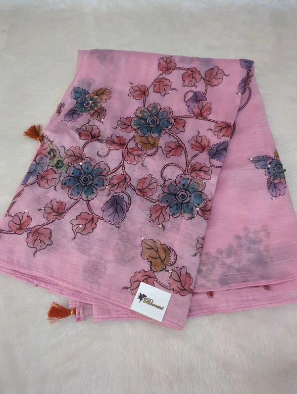 Tusser Crush With Digital & Hand Work  - Pink Lace