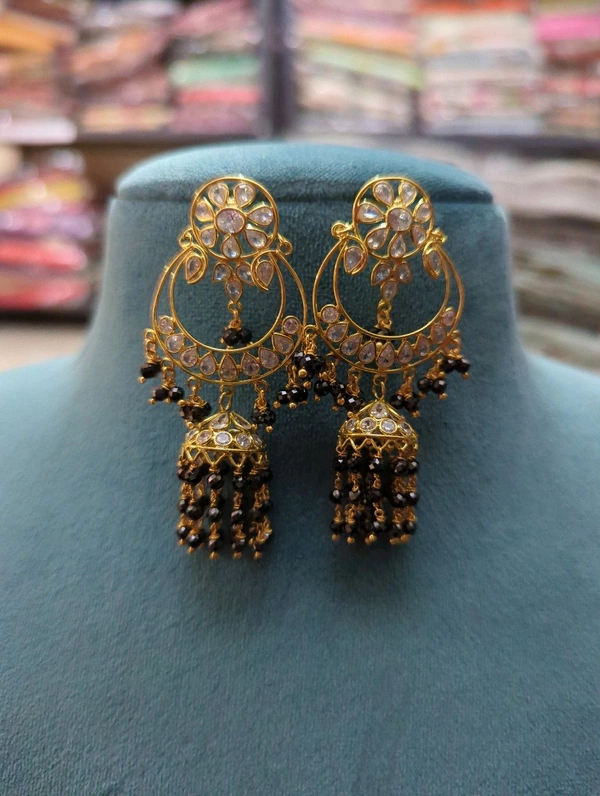 Gold Copy Polki chandbali with black diamonds 

 - HD