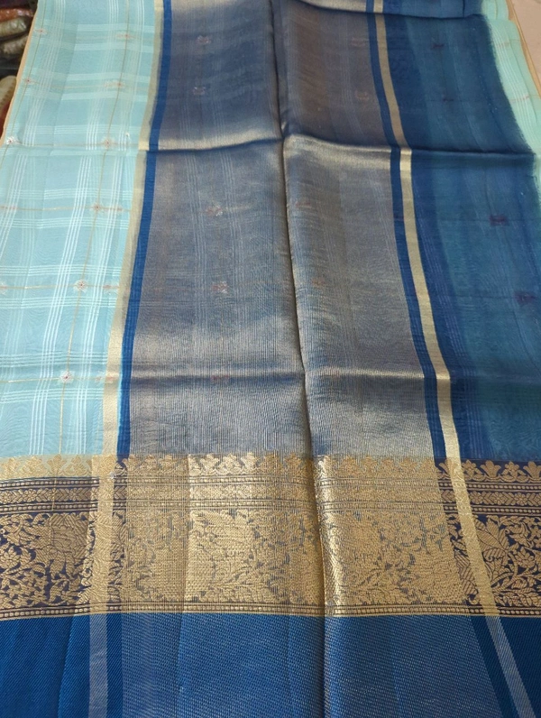 Pure Handloom Organza With Pure Raw Mango Blouse  - sky blue