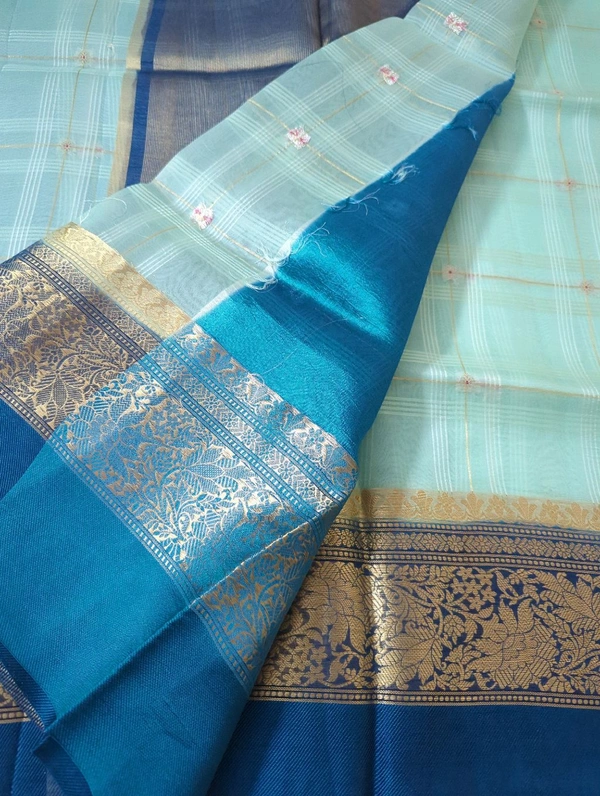 Pure Handloom Organza With Pure Raw Mango Blouse  - sky blue