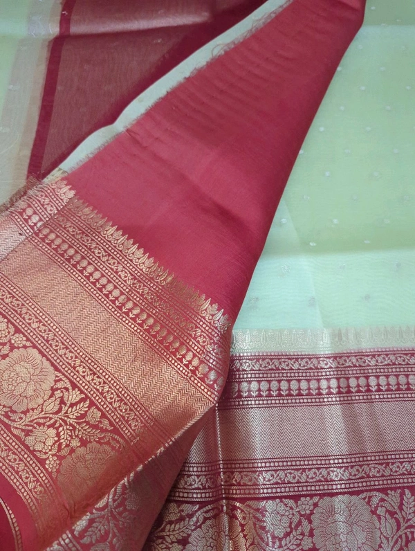 Pure Handloom Organza With Pure Raw Mango Blouse  - Snowy Mint