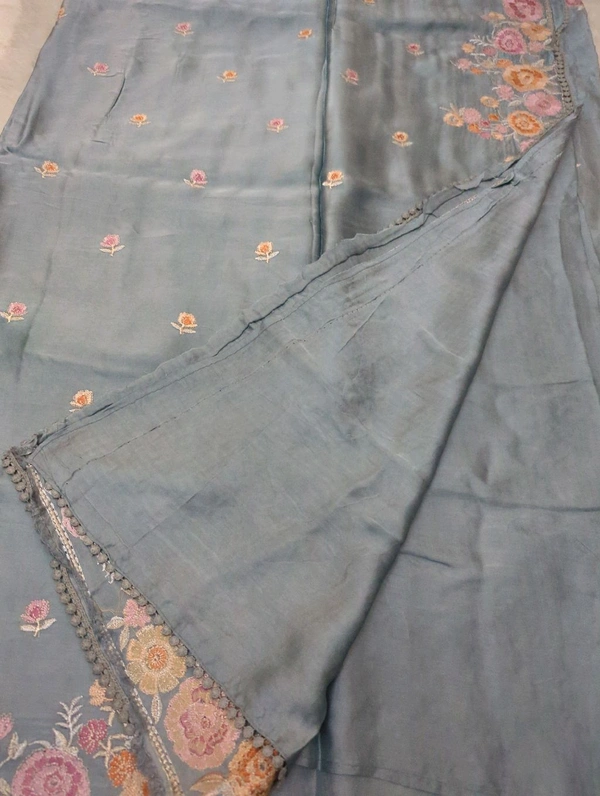 Pure Mushru Embroidery  - sky blue