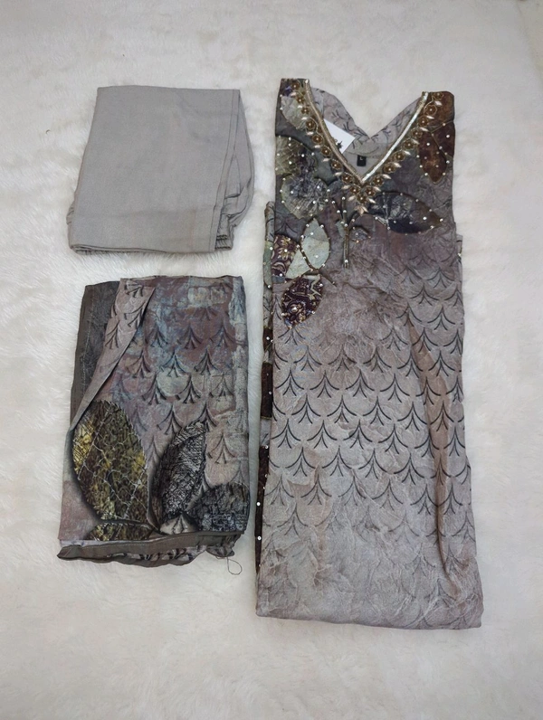 Pure Rayon 3 Piece Suit With Handwork  - Gray, 44