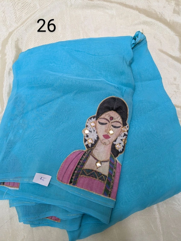Soft Organza Saree With Face Work - sky blue 26