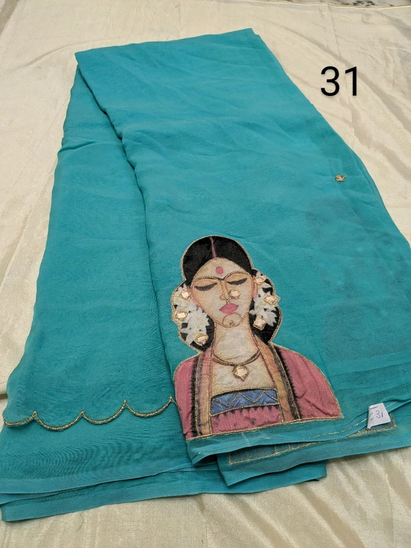Soft Organza Saree With Face Work - ocean green 31