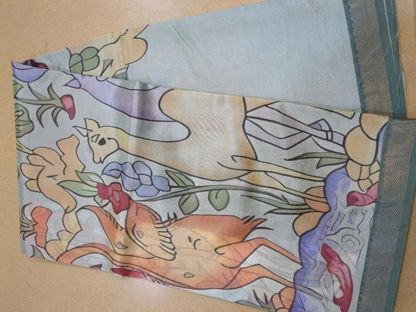 Mangalagiri Kalamkari Print Small border - Gulf Stream, Available Stock, 10 Working days