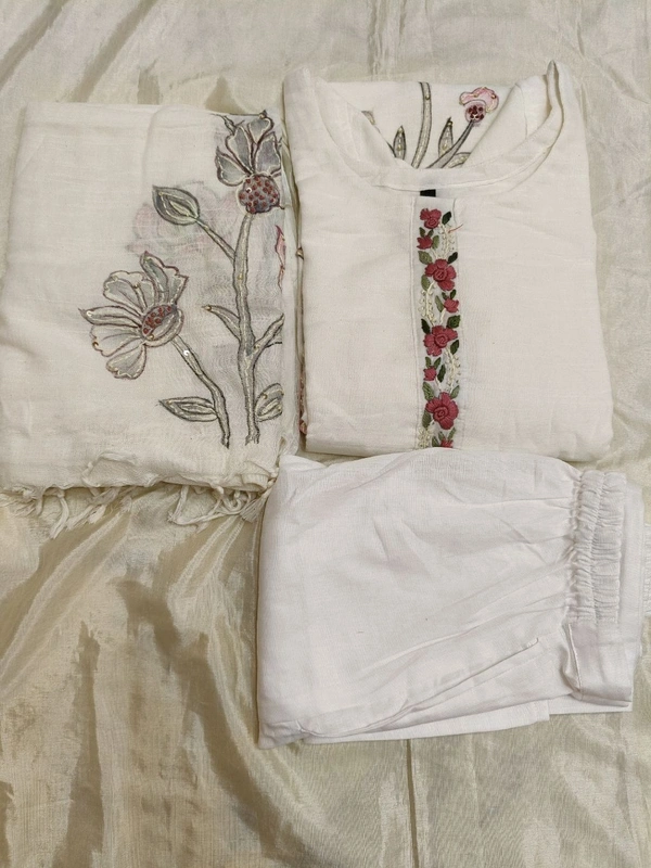 Linen Kurti Dupatta - White, 42