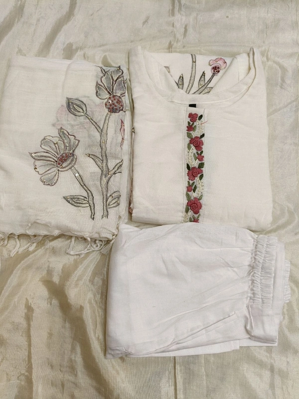 Linen Kurti Dupatta - White, 44
