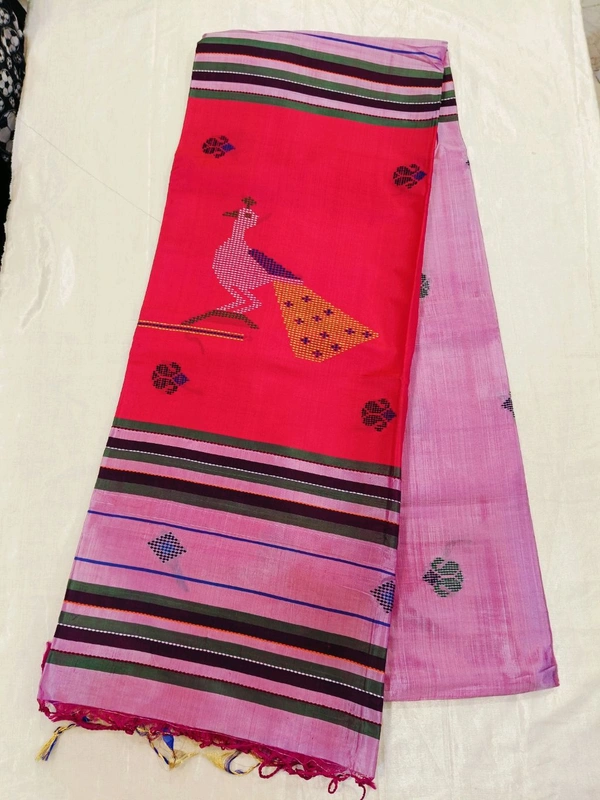 PURE KATAN Saree - red with pink