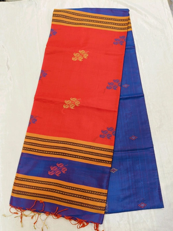 PURE KATAN Saree - orange with blue