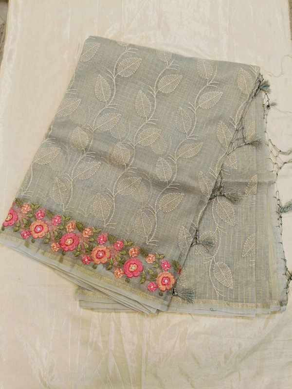 ORGANZA EMB Saree - gray with leafs