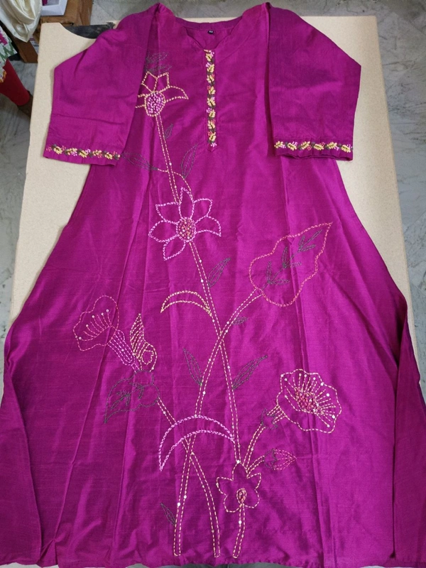 Soft Tusser Handwork Kurti - dark pink, 40