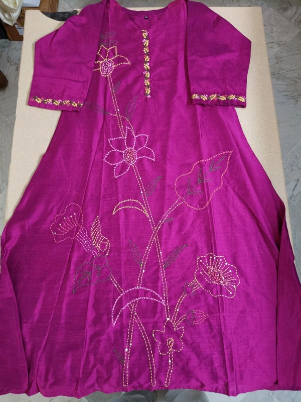 Soft Tusser Handwork Kurti - dark pink, 38