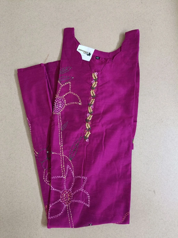 Soft Tusser Handwork Kurti - dark pink, 38