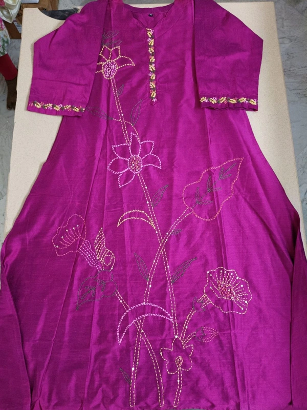 Soft Tusser Handwork Kurti - dark pink, 42