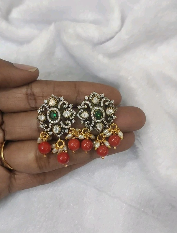 Victorian Earrings With Mossanites - coral beads and green stone