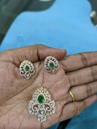 Diamond Copy Pendant And Earrings  - Green