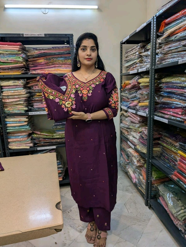 Soft Raw Silk With Heavy Handwork - 2 Piece Suit - Purple, Xxl-44, 15 Working Days