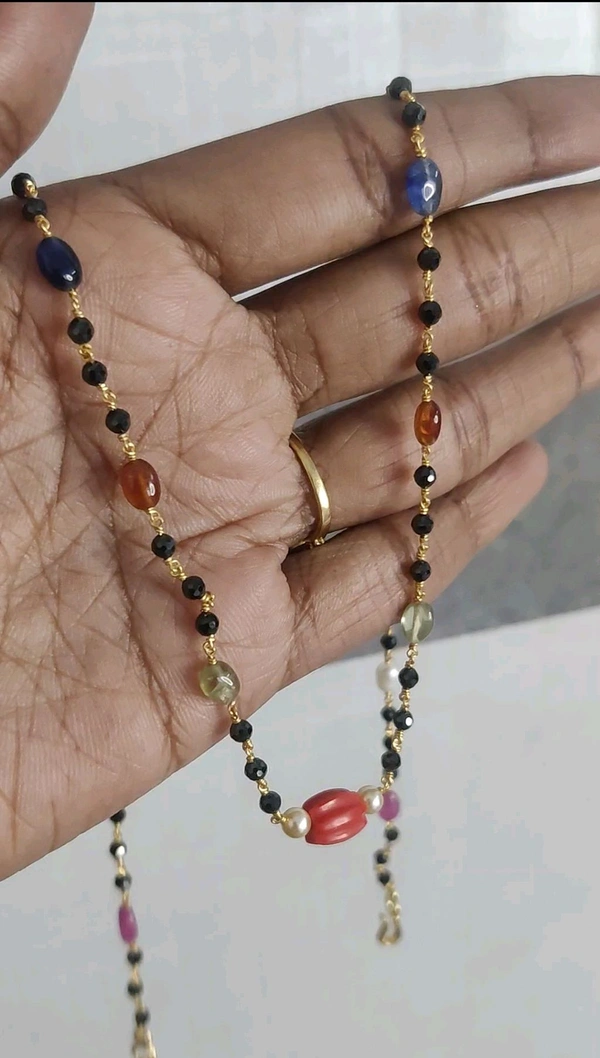 Navaratan With Black Diamonds Kattutheega Chain - Long 20-22 Inches