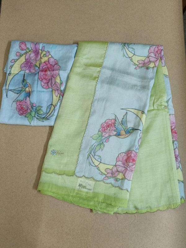 Pure Handloom Mangalagiri - mint green with humming bird