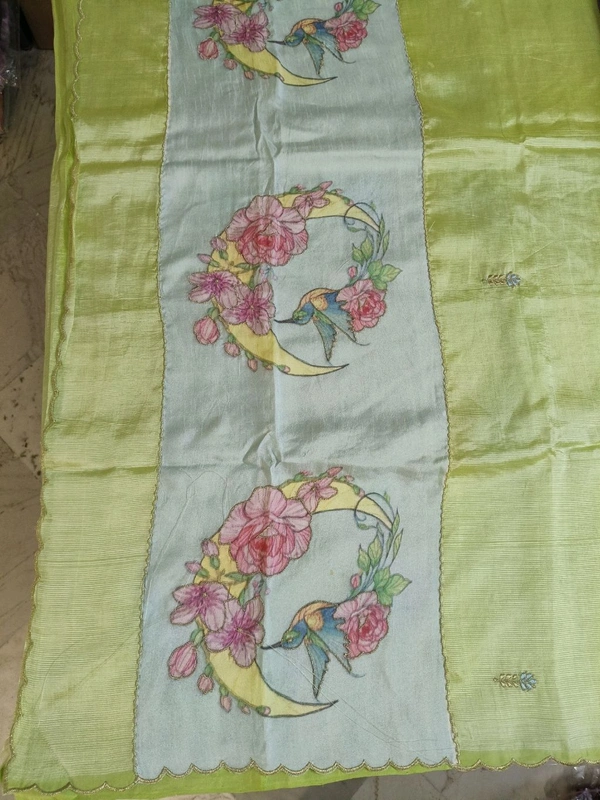 Pure Handloom Mangalagiri - mint green with humming bird