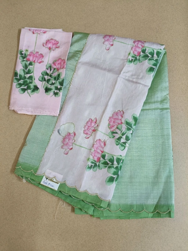 Pure Handloom Mangalagiri - green lotus with pink blouse