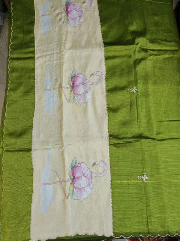 Pure Handloom Mangalagiri - green lotus flamingo