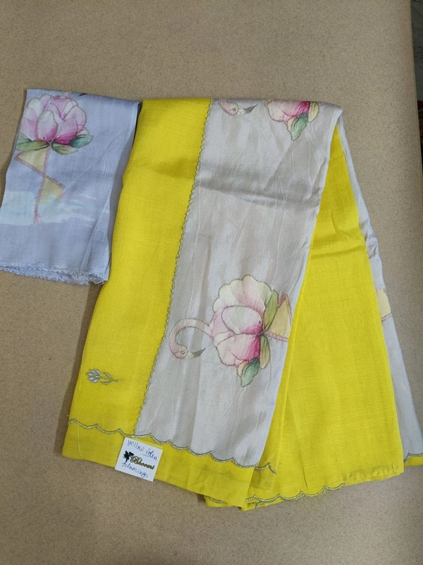 Pure Handloom Mangalagiri - yellow lotus flamingo