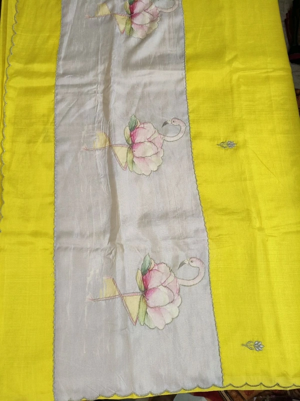 Pure Handloom Mangalagiri - yellow lotus flamingo