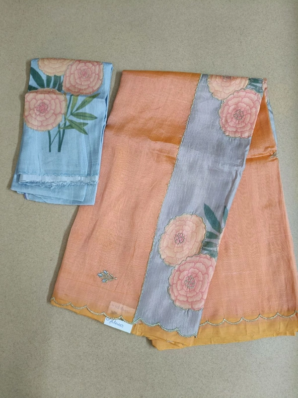 Pure Handloom Mangalagiri - web orange round flower