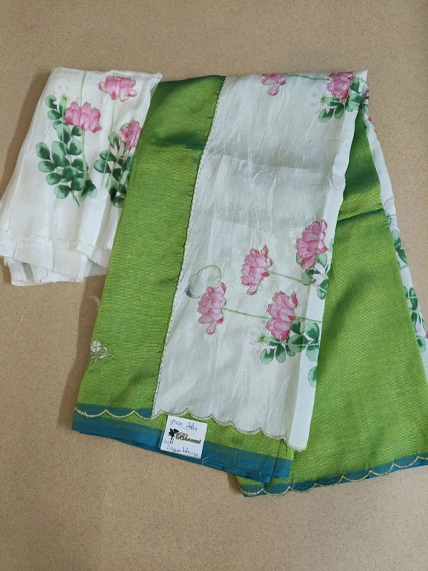Pure Handloom Mangalagiri - green lotus with cream blouse