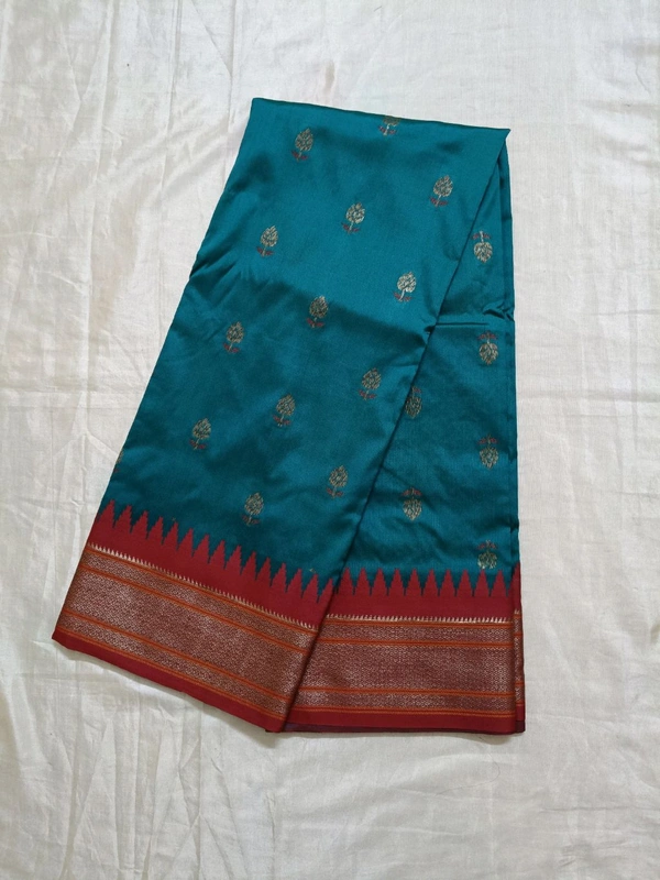 Benarasi Fancy - sea green, Flowers With Red Leafs