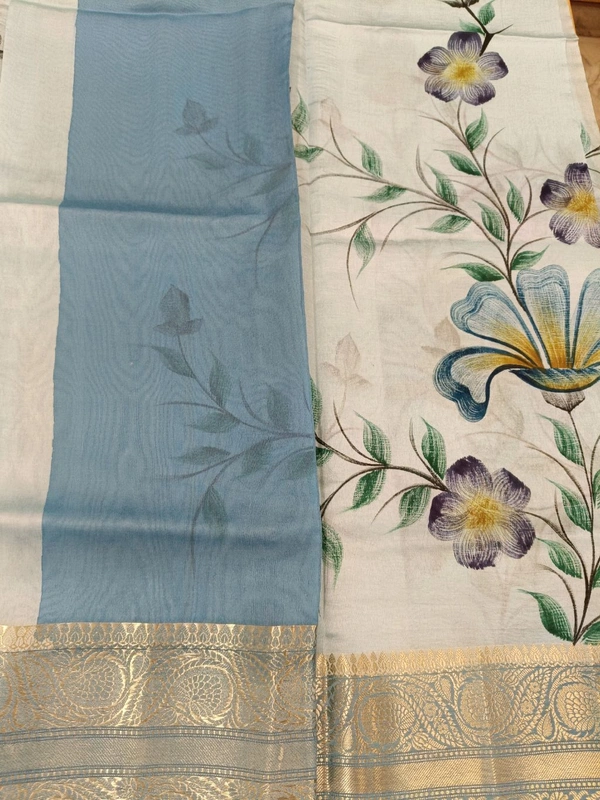 pure raw silk with hand paint - blue