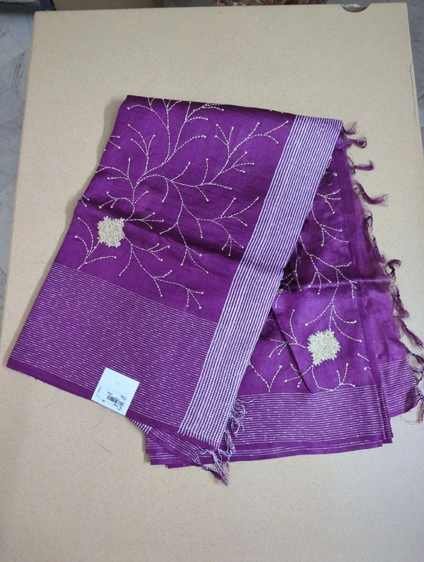 handloom desi tusser  with hand work - Purple